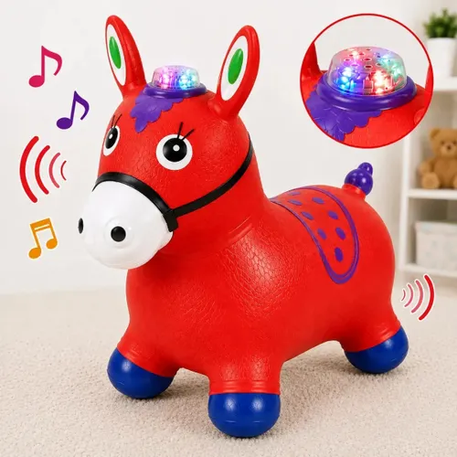 Cavalinho Upa Upa Musical Infantil Pula Pula Inflavel de PVC com Luz LED e Som Brinquedo para Bebe a partir de 12 Meses Suporta ate 54 kg Baterias Inclusas Selo Inmetro Pratitudo Toys Vermelho