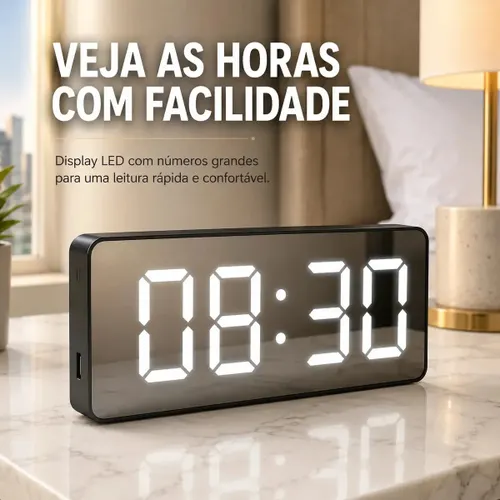 Relógio Digital Despertador de Mesa Preto Moderno Usb com Temperatura Data Snooze Display Grande Led Branco Alarme Quarto Escritório Mesa Gamer Decoração Pilhas
