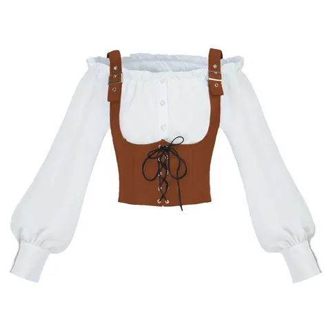 Blusa feminina de estilo retrô ocidental, colete de camurça com detalhes em patchwork, manga comprida, top curto, camisa tipo corpete, ideal para o Oktoberfest e para fantasias de Halloween.