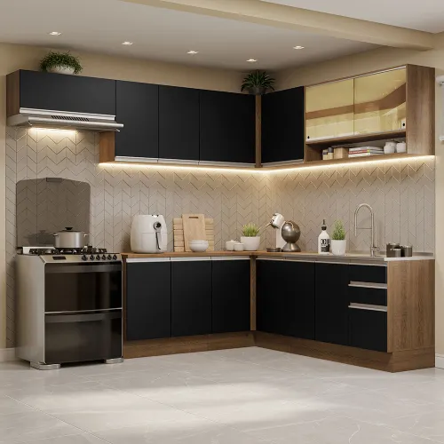 Armário de Cozinha Completa de Canto 469cm Rustic/Preto Glamy Madesa 01