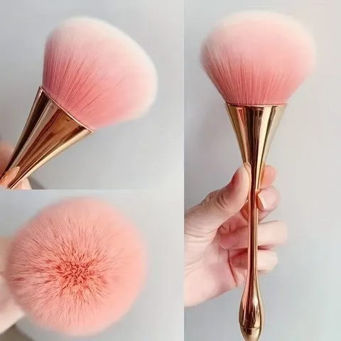 Pincel de maquiagem em leque dourado rosa, pincel cosmético para pó solto, pincel iluminador, blush, fixação de maquiagem de cabelo macio