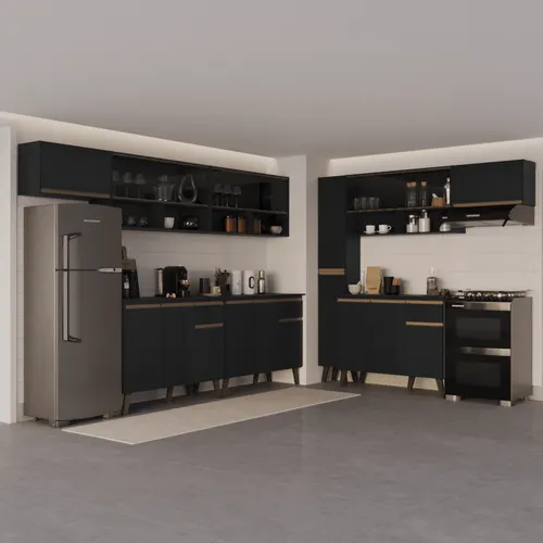 Armário de Cozinha Completa Atlanta Move com Vidro Carraro Preto Touch