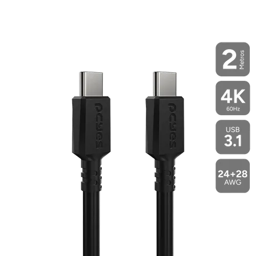 Cabo PCYES USB-C 3.1 100W 4K 60Hz Preto 2 Metros PUCP2P