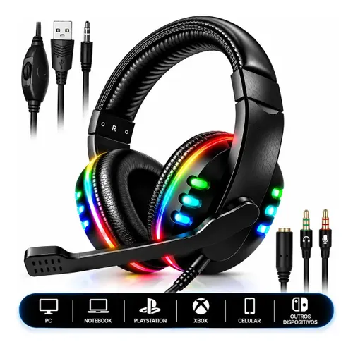 Fone de Ouvido Gamer Headset RGB Led com Microfone Headphone P2 P/ PC PS3 PS4 PS5 Xbox Celular Notebook Surround 5.1 com Adaptador Landara