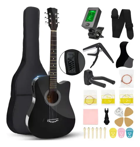 Kit Violão Eletroacústico de 38 Polegadas para Iniciantes, Preto, com Afinador e Acessórios Dc Music