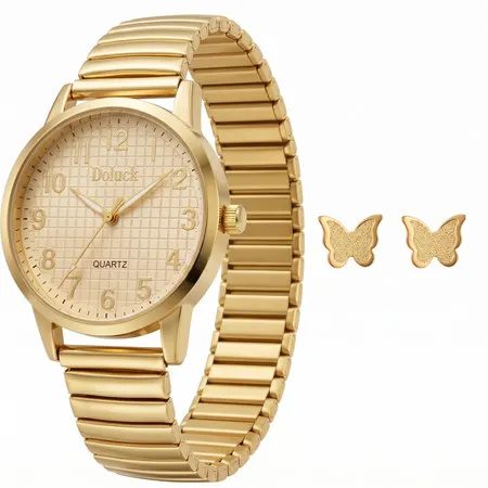 Relógio Doluck Dourado + Brincos de borboleta | Pulseira de mola