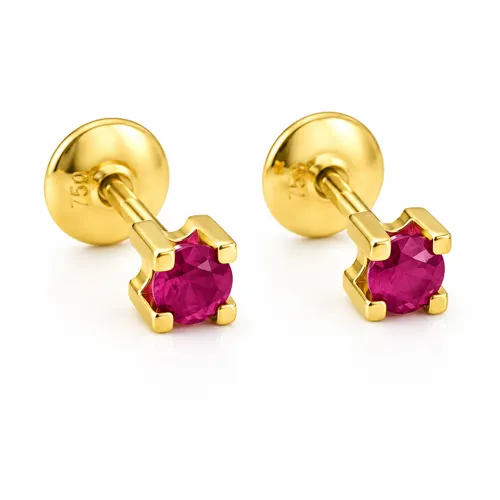 Brinco Solitário 2 mm com Zircônia Rubi e Diamantes de 4 Pontos em Ouro 18K