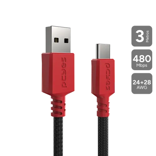 Cabo PCYES USB-A para USB-C 2.0 480Mbps Nylon Vermelho 3 Metros CBPY03V