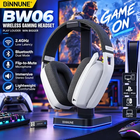 BINNUNE BW06 Fone de Ouvido Gamer sem Fio Bluetooth 5.3 com Microfone para PS5 PS4 PC Mac PlayStation, Headset Gamer 2.4GHz Estéreo para Gamers