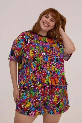Camiseta Pijama Decote Cropped Estampa Mundo dos Doodles