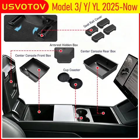 USVOTOV para Tesla Model 3 Y YL Juniper 2025 2026, Organizador de Console Central, Caixa de Armazenamento, Bandeja, Protetor de Trilho do Assento, Acessórios