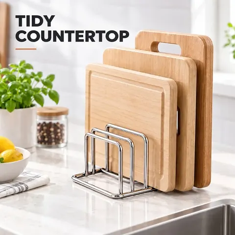 1 unidade: conjunto de organizador para tampa de panela e tábua de corte em aço inoxidável, que economiza espaço – suporte resistente para bancada, organizador de cozinha.