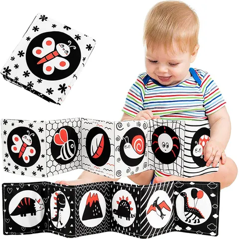 Livro de pano macio para bebês, preto e branco, brinquedos sensoriais de alto contraste, educação precoce, crianças, livro de tecido de atividade sensorial para bebês