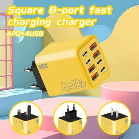 Carregador rápido de mesa com 8 portas e potência máxima de 200 W, estação de carregamento multiporta com 4 portas USB-C e 4 portas USB-A para iPhone 16/15/14, Samsung Galaxy, Xiaomi.