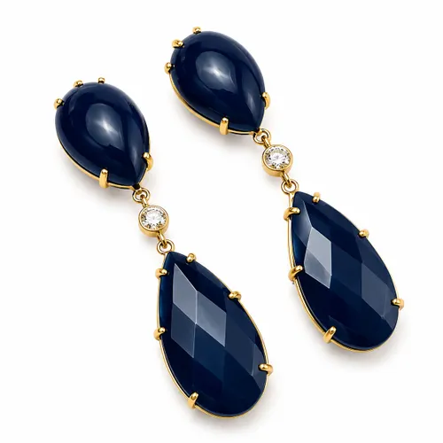 Brinco Ágata Azul 12 Pontos de Diamante 4 cm em Ouro 18K