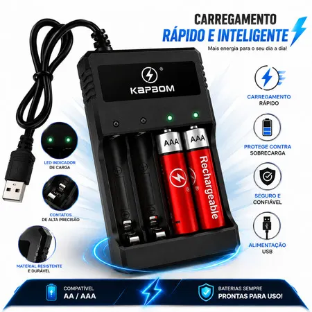 Carregador de Pilhas Bivolt USB + Pilhas Palito AAA e AA Original Kapbom