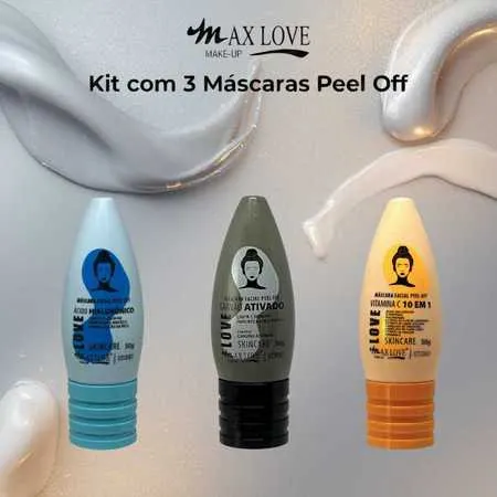 Kit com 3 Máscaras Peel Off - Ácido Hialurônico, Carvão Ativado, Vitamina C 10em1 Max Love