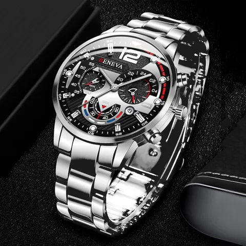 Relógio de quartzo analógico masculino com calendário, pulseira de aço inoxidável, Fashion
