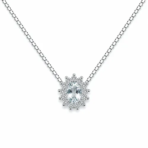 Colar 45 cm Prata 925 Oval Zircônia Água Marinha e 16 Zircônias