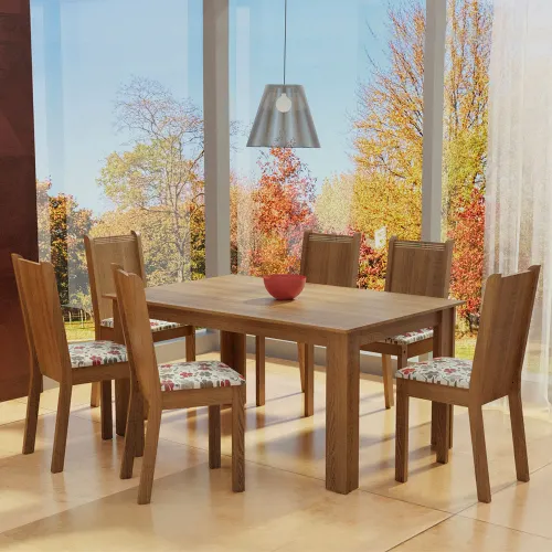 Conjunto Sala de Jantar Madesa Analu Mesa Tampo de Madeira com 6 Cadeiras Rustic/Floral Hibiscos
