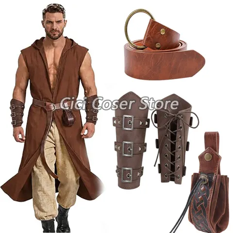 Conjunto de cinto, braçadeiras e bolsa de cintura em couro sintético (PU) de estilo medieval, acessórios para cosplay de viking, cavaleiro ou pirata, adereços para fantasias de Halloween e da época renascentista.