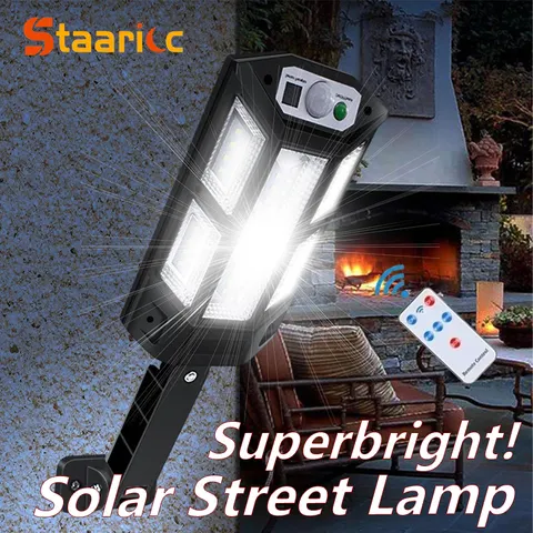 Potente luminária de parede LED solar para exteriores, recarregável, com sensor de movimento, ideal para jardins, terraços, portões de garagem e iluminação de ruas.