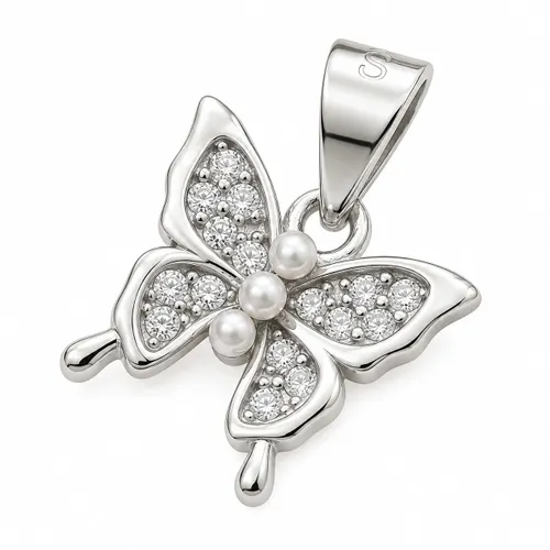 Pingente Borboleta com 3 Pérolas e Zircônias 8 mm em Prata 925