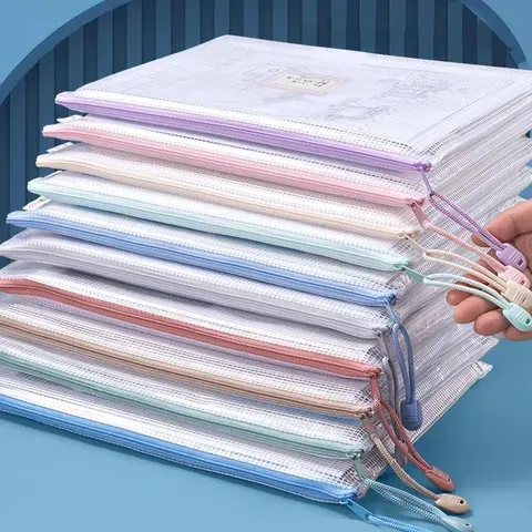 Bolsas de malha com zíper a4/a5, sacos plásticos com zíper para organizar, bolsas de viagem transparentes à prova d'água, material de escritório, documentos, cores aleatórias