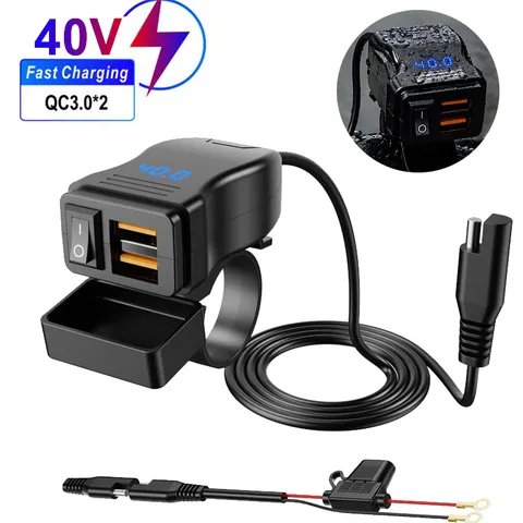 Novo Carregador USB Rápido para Motocicleta com Duas Portas, Adaptador de Fonte de Alimentação com Voltímetro, à Prova d'Água, Entrada de Tensão Ampla 12V-40V