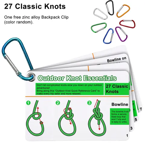 Conjunto de 7 Cartões Essenciais de Nós para Atividades ao Ar Livre: Guia de 27 Nós Clássicos com Mini Mosquetão, Referência de Bolso Durável para Camping e Mochilas