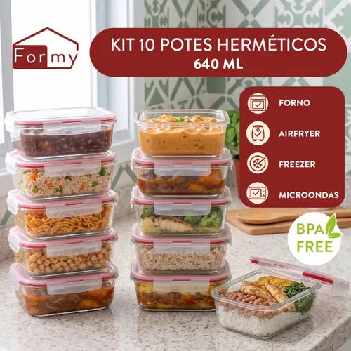 Kit 10 Pote de Vidro Marmita Hermético 640ml Freezer Fitness Borossilicato 4 Travas Micro-ondas Azul-Escuro