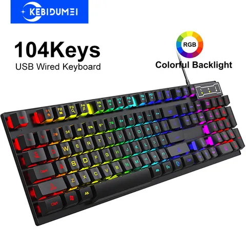 Teclado com Fio de 104 Teclas RGB Colorido para Jogos, Teclado com Sensação Mecânica, Teclado Padrão para Computador Laptop Windows