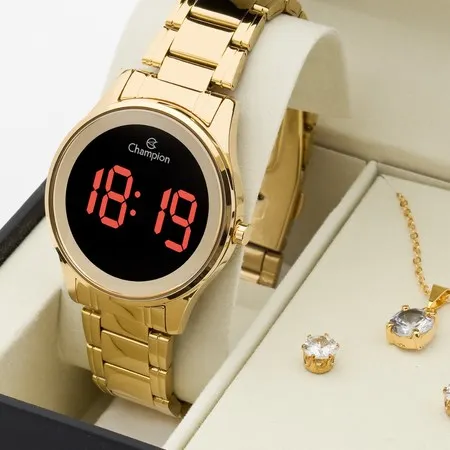 Relógio Digital Feminino Dourado Champion Led Vermelho Kit Colar e Brincos CH48046H