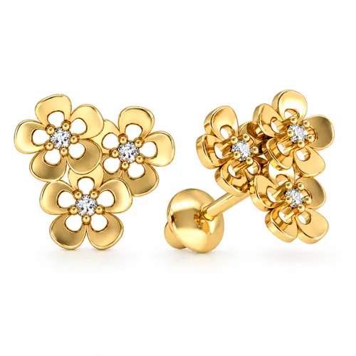 Brinco de 6,5 mm com 3 Flores e 6 Zircônias em Ouro 18K