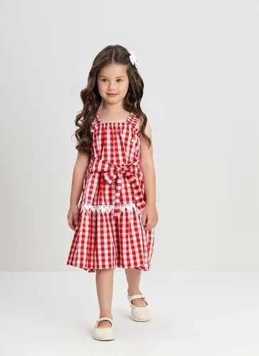 Vestido Xadrez Infantil com Alças e Renda Vermelho