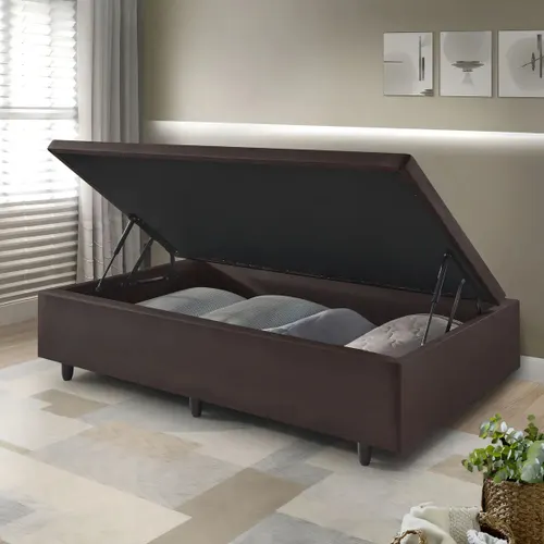 Base Box Baú Solteiro 88x188 Courino Linho com Pistão a Gás Cor Marrom
