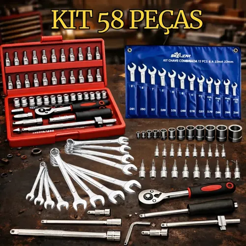 Kit Jogo de Ferramentas 58 Peças Completo Profissional Soquete 46 Peças + Chave Combinada 12 Peças Conserto Carro Moto Casa Oficina Kit Soquetes com Catraca 46 Peças + Jogo 12 Chaves + Maleta Hexon
