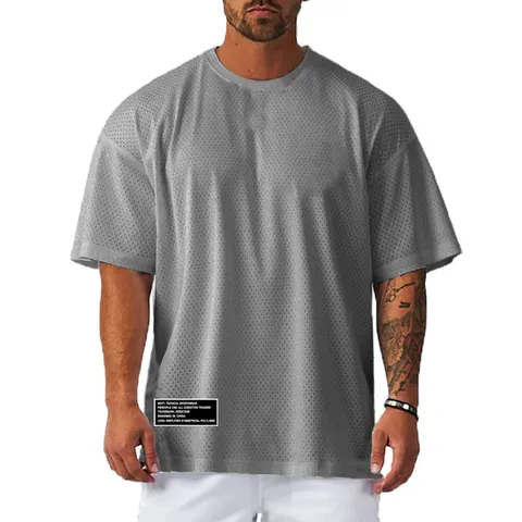Oversized respirável solto masculino esporte camisetas ginásio de fitness musculação camisas de meia manga verão malha de secagem rápida roupas casuais