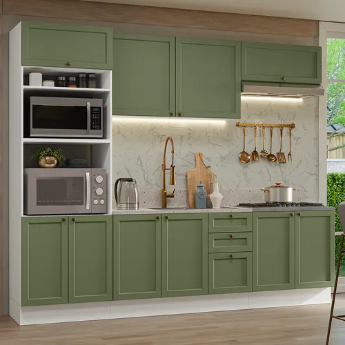 Armário de Cozinha Completa 270 cm Branco/Verde Vik Madesa 01