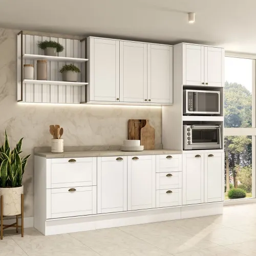 Armário de Cozinha Completa com Balcão Milla Glimmer Prime Carraro Branco
