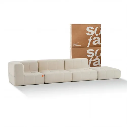 Sofá na Caixa modular 3 lugares em Boucle - 1 Braço com Chaise - Linho