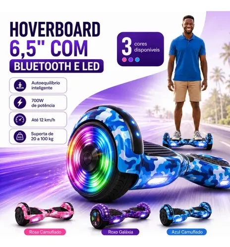 Hoverboard Cybertruck Skate Elétrico de 6.5" com Bluetooth e Luzes LED Azul Camuflado