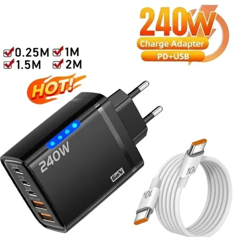 Carregador USB GaN de 240W 10A com cabo USB Tipo C de carregamento rápido, power bank, carregador de parede USB Tipo C com plugue EU/US/UK para iPhone
