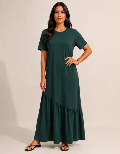 Vestido Longo Feminino Babado Assimétrico Malha Algodão Verde-escuro
