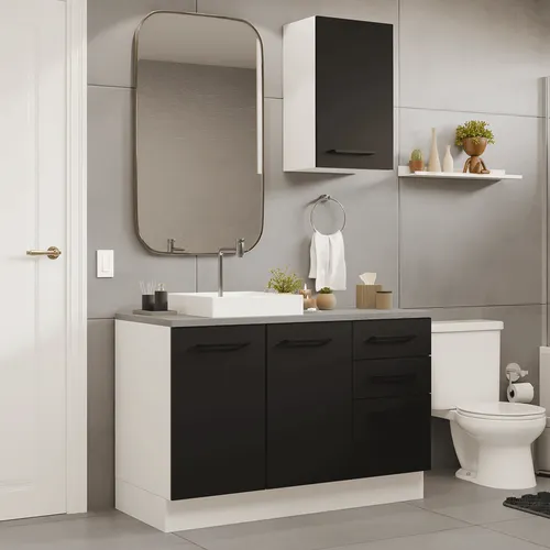 Conjunto Gabinete para Banheiro 120cm 3 Portas 3 Gavetas Branco/Preto Agata Madesa 01
