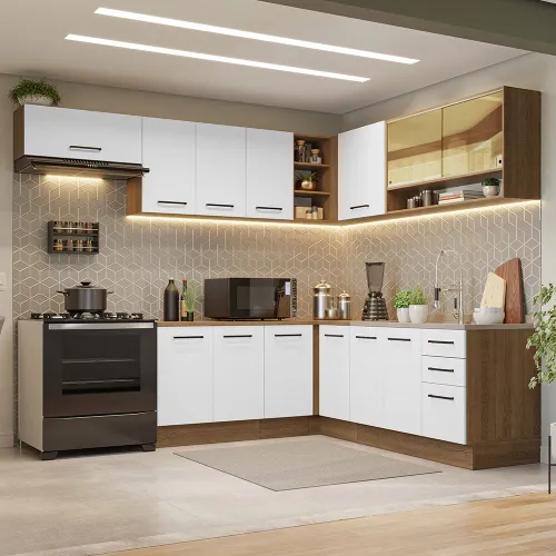 Armário de Cozinha Completa de Canto 486cm Rustic/Branco 60cm de Profundidade Agata Madesa 01