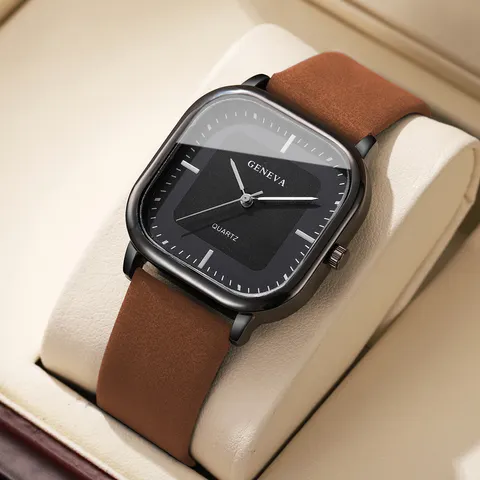 Moda mostrador quadrado relógios masculinos minimalista relógio de quartzo casual pulseira de couro relógio de pulso reloj hombre (sem caixa)