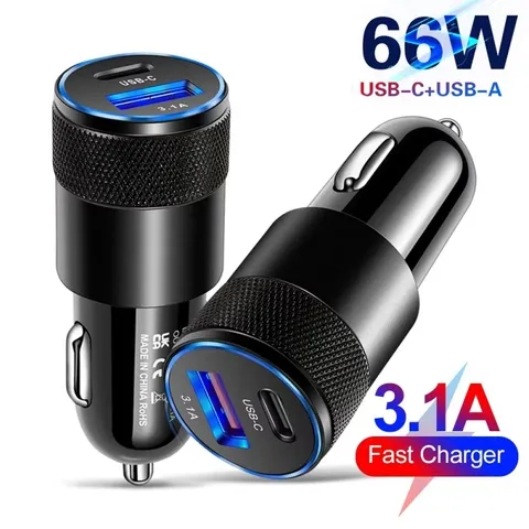 Carregador USB para carro 66W tipo C, adaptador de carregamento rápido para Xiaomi Huawei PD, adaptador de tomada para carro, acendedor de cigarros