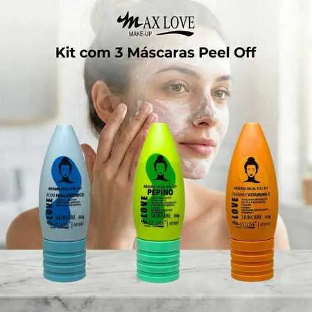 Kit com 3 Máscaras Peel Off - Ácido Hialurônico, Pepino, Vitamina C Max Love