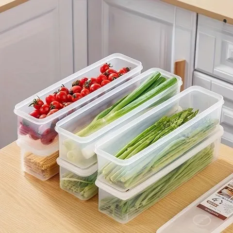Recipientes retangulares longos do armazenamento de alimentos de 4 pces, caixas organizadoras reusáveis plásticas do refrigerador acessórios da cozinha